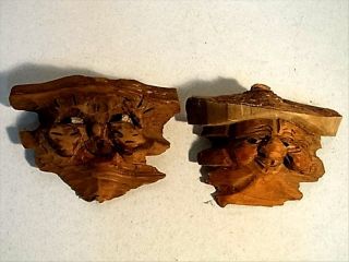 2 Rare Antique Mountain Gnome Troll Wall Mask Germany Carved Wood 1900/30 photo