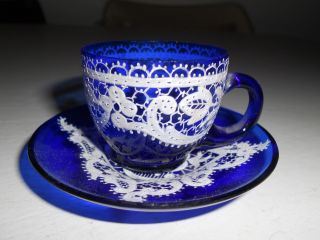 Antique Cobalt Blue Demi - Tasse Cup & Saucer,  Lace Enameling,  Nr photo