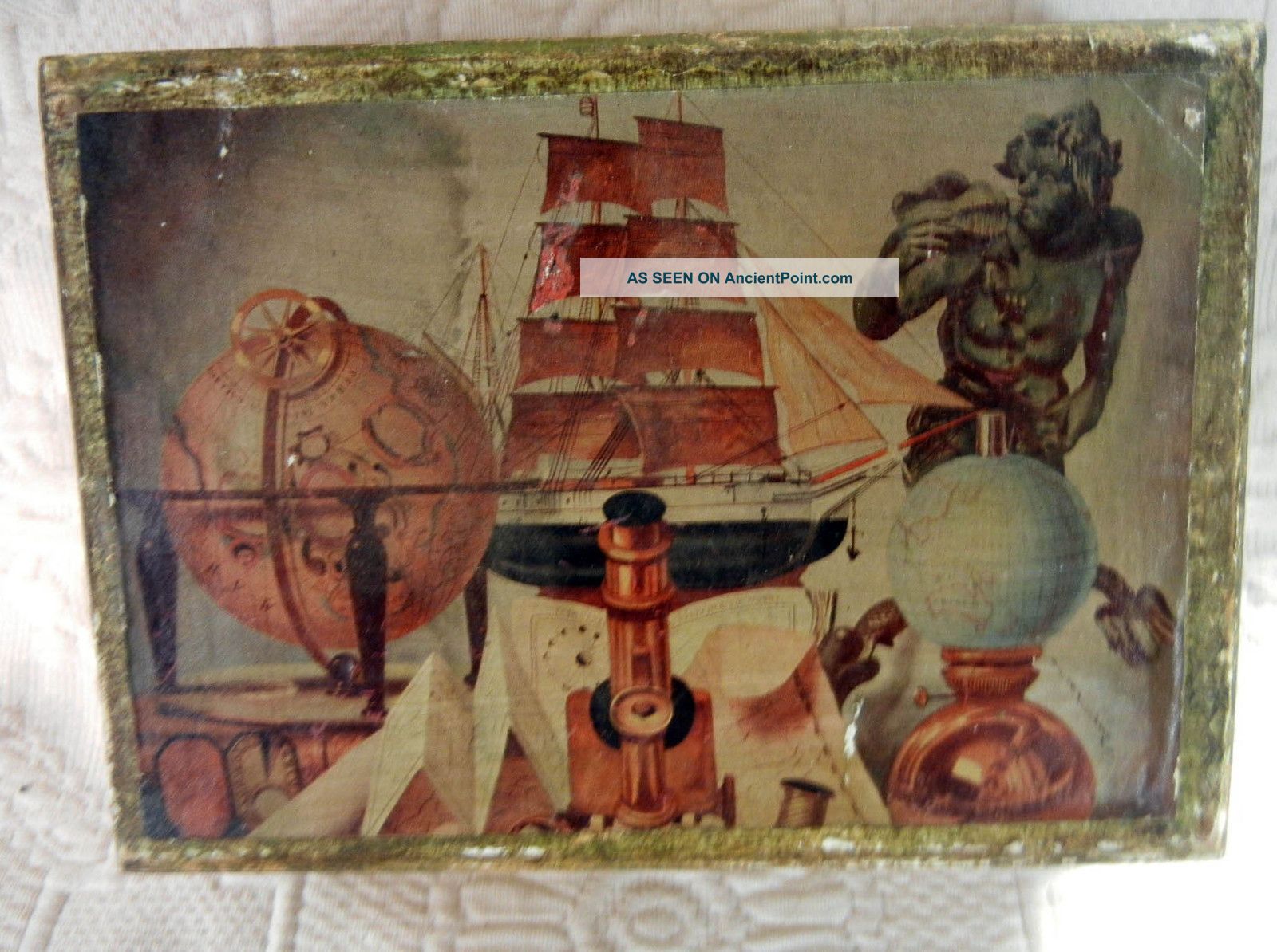 Decorative Early French Decoupage Polychrome Gilt Box Boxes photo