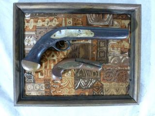 Antique Hanging Wall Art Framed Wooden And Metal Gun Pistol Display photo
