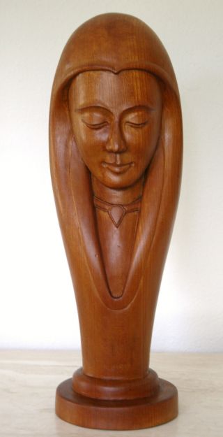 Vintage Solid Indigenous Wood Sculpture Women ' S Face,  Serene,  C.  1950s photo