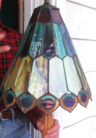 Antique Slag Glass Peacock Motif Vibrant Colors Wood Column Lamp Rare 31h photo