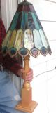 Antique Slag Glass Peacock Motif Vibrant Colors Wood Column Lamp Rare 31h Lamps photo 3