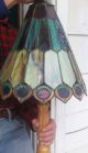 Antique Slag Glass Peacock Motif Vibrant Colors Wood Column Lamp Rare 31h Lamps photo 5