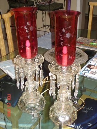 Vintage Crystal Hurricane Lamps (pair) photo