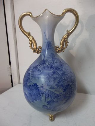 Vntg Porcelain Two Handled Urn Vase Hand Painted Oriental Scene photo