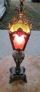 Antique Lantern Top Table Lamp Multi - Colored Stained Glass Panel Brass/bronze Lamps photo 1