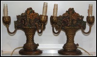 Pair Antique Composition Bouquet Of Flowers Mantle Lamps Nr photo