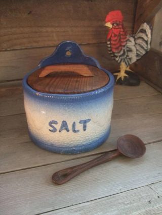 Vintage Salt Box Wood Lid Pottery Cobalt Blue+old Primitive Carved Spoon photo