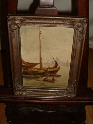 Old Oil Painting,  { Men With Boats In The Harbor,  Signed J.  Damstra,  Frame } photo