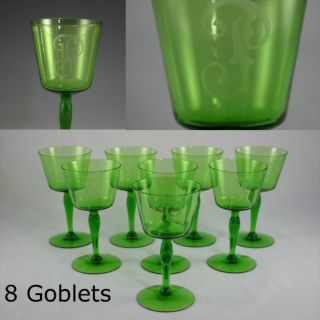 8 Antique Old Vintage Green Crystal Glass Wine Goblets Engraved F Or P photo