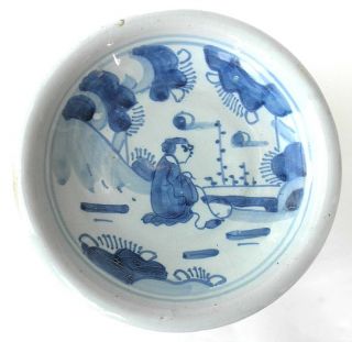 A Very Rare English Delft Blue And White Saucer Dish,  Chinese Boy,  London,  1680 photo