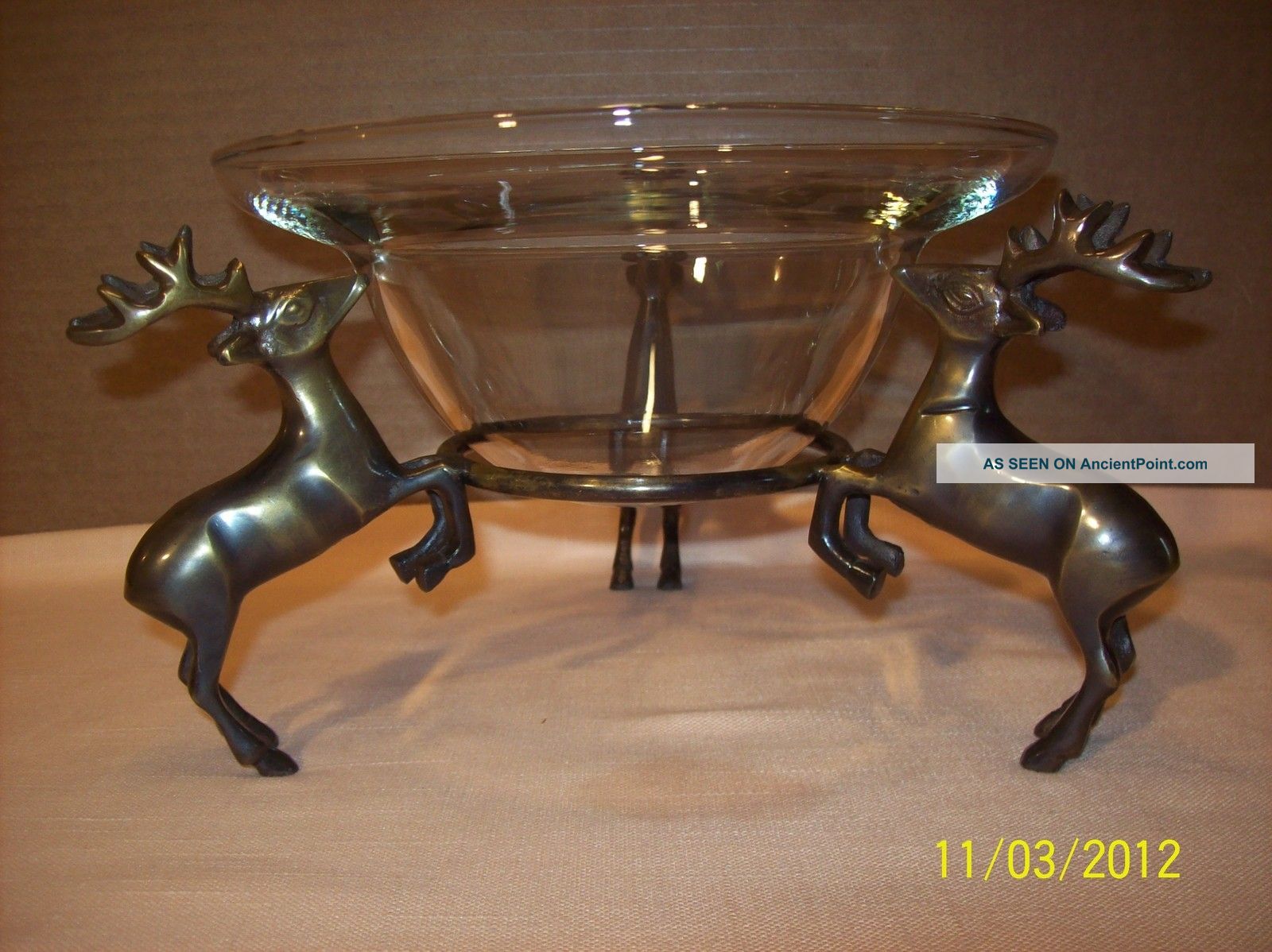 Vtg Black Forest Style Crystal Centerpiece Bowl W/bronze Reindeer Excellent Rare Vases photo
