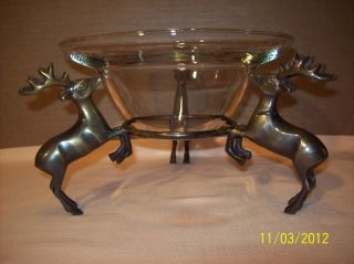 Vtg Black Forest Style Crystal Centerpiece Bowl W/bronze Reindeer Excellent Rare photo