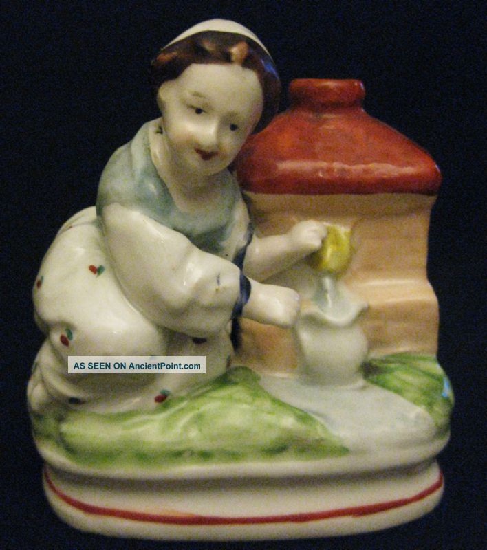 Antique Ceramic Match Holder - Young Woman Gardener Figurines photo