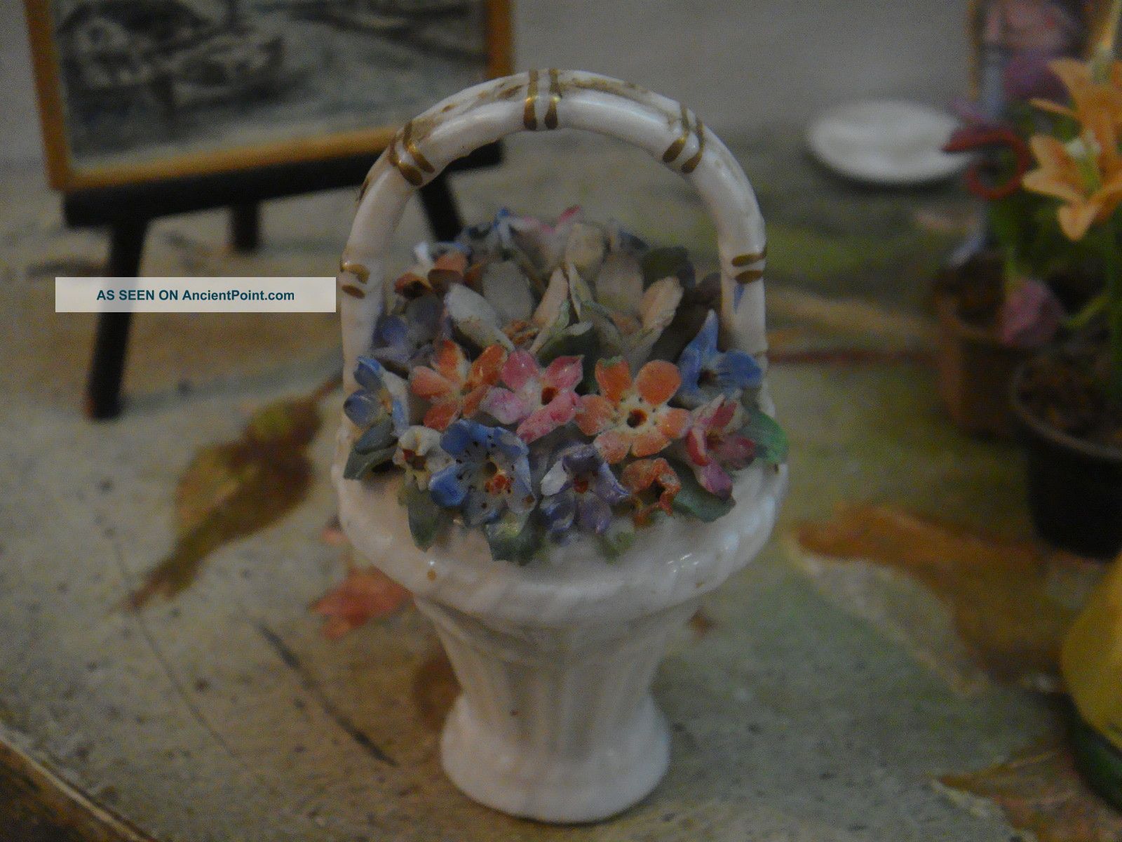 Miniature Antique Porcelain Basket With Flowers Signed Vase Dollhouse Doll Figurines photo