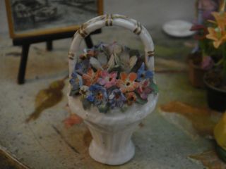Miniature Antique Porcelain Basket With Flowers Signed Vase Dollhouse Doll photo