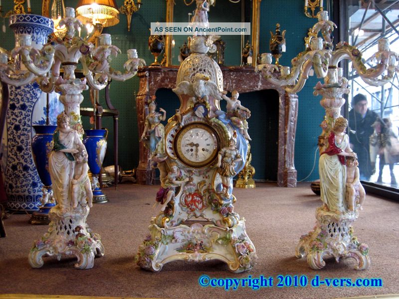 Meissen Porcelain 3 Pc Garniture Clock Candelabra Figure Fine Detail Sculpture Figurines photo