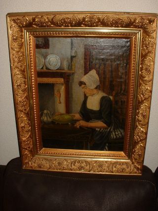 Old Oil Painting,  Woman Is Taking Money From Her Piggy Bank,  Signed,  Frame photo