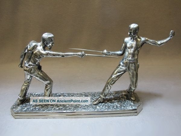 European Silver - Plate Bronze Fencing Sculpture 08812 Metalware photo