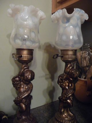 Pair Vtg Cupid Lamps W Fenton Opalescent Coin Dot Ruffled Glass Shades photo