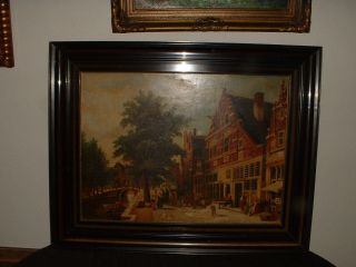 Large Old Oil Painting,  { Old Dutch Street Scene,  Is Signed And Finished Finely } photo