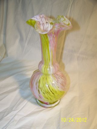 Vase Pink And Yellow Splater Glass Tag On Bottom Say End Of Day Appr.  At 145.  00 photo