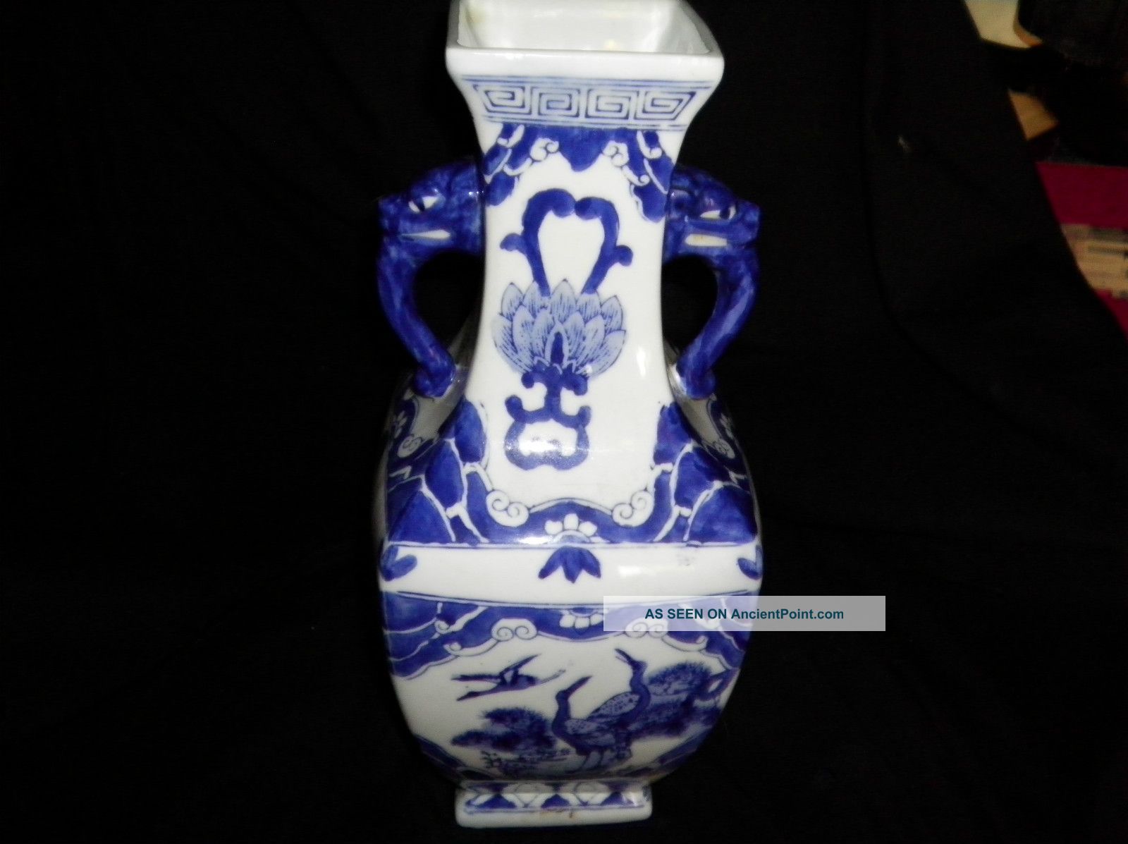 Porcelain Asian Blue And White Vase.  Crane And Elephant Handles,  Chinese Vase Vases photo