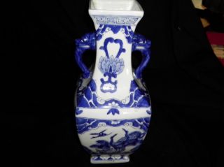 Porcelain Asian Blue And White Vase.  Crane And Elephant Handles,  Chinese Vase photo