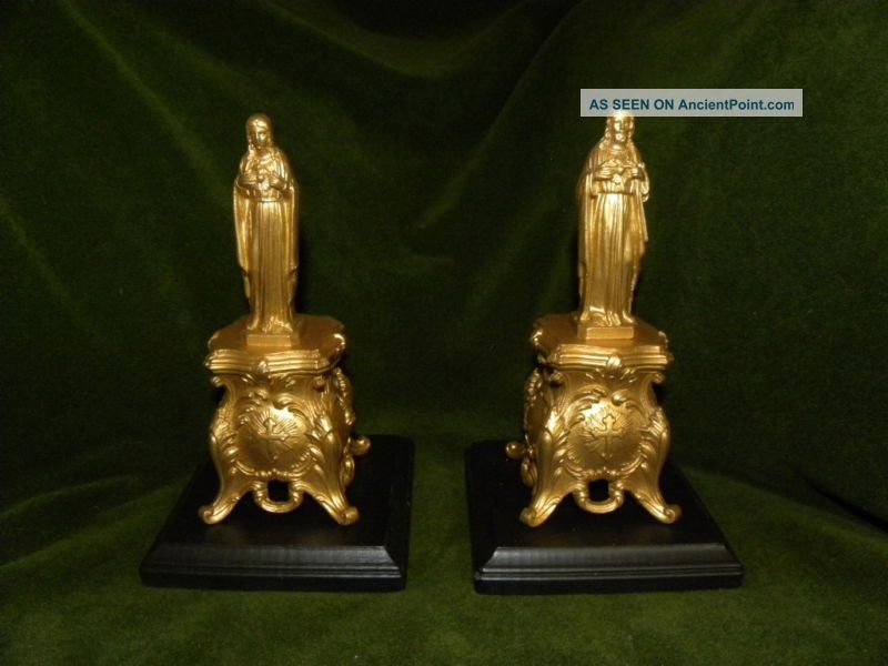 Pair Of French Gilded Christ And Mary Figurines 19th Century Metalware photo