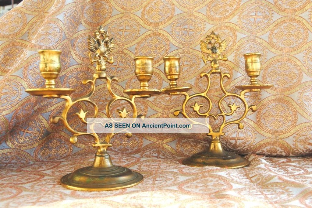 Russian Empire Bronze Candlesticks 2 (pair) Double Headed Eagles - Old Russia Metalware photo