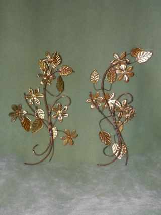 Pair Vtg Home Interiors Wrought Metal Floral Wall Accents Swags Gold Tone photo