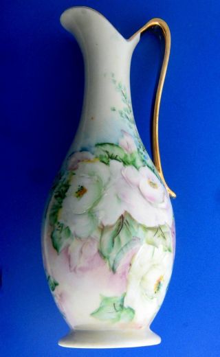Antique Hand Painted White Roses Vase 9 Creamer Gold Handle Grace Schultz 1969 photo