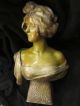 Antique Spelter Bronze Art Nouveau French Sculpture Bust Figurine Lady Metalware photo 2
