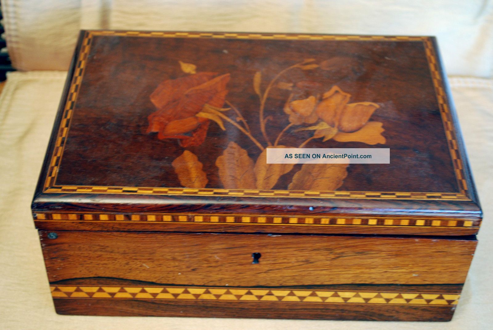 Antique Wooden Sewing Box With Inlaid Rosebuds And Geometric Patterns Circa 1860 Boxes photo
