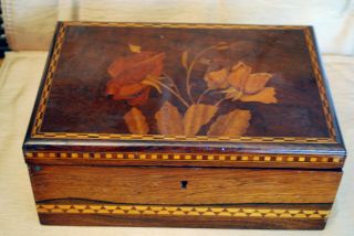 Antique Wooden Sewing Box With Inlaid Rosebuds And Geometric Patterns Circa 1860 photo
