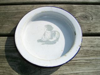 Antique Metal Children ' S Dish - White W/blue Trim - Shirley Temple Style Girl - photo