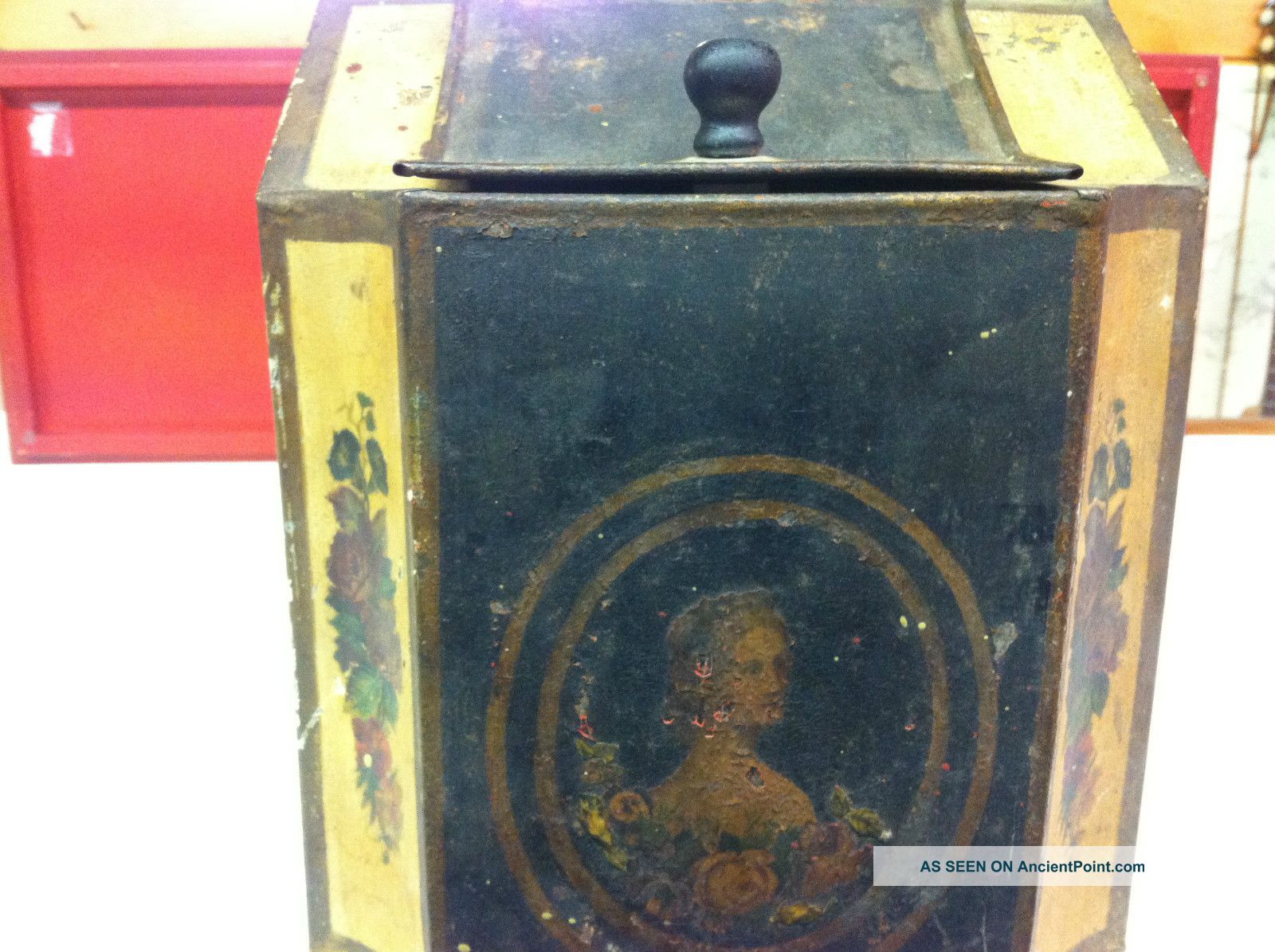 Antique Attractive Decorative Tea Tin With Painted Lady. Metalware photo