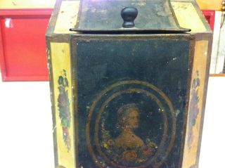 Antique Attractive Decorative Tea Tin With Painted Lady. photo