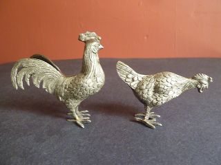 Antique Vintage Set 2 White Metal Figurines Rooster Hen Chicken photo