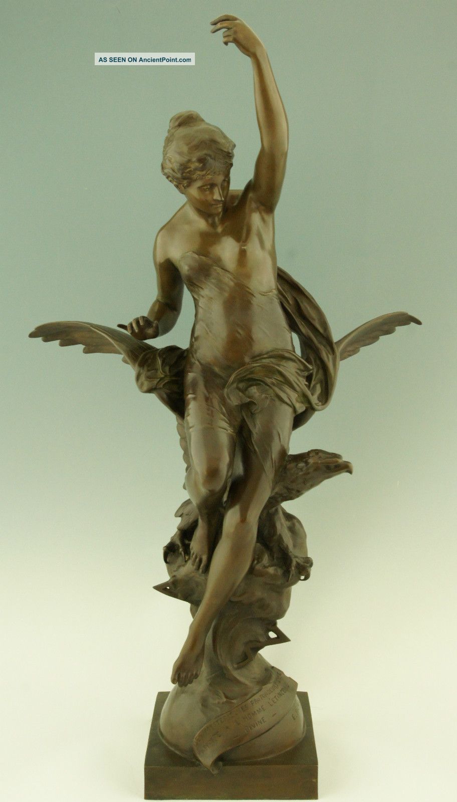 Antique Bronze Woman On An Eagle By Emile Picault 37 Inch France 1880 Metalware photo