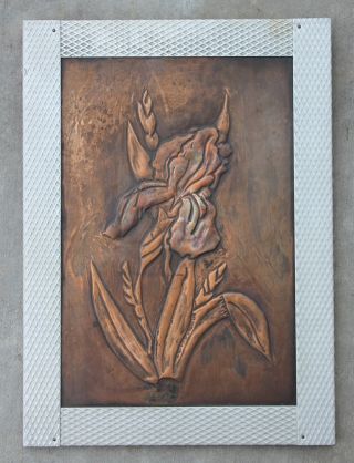 Vintage Copper Repousse Picture Of Iris Flower With Textured White Tin Frame photo