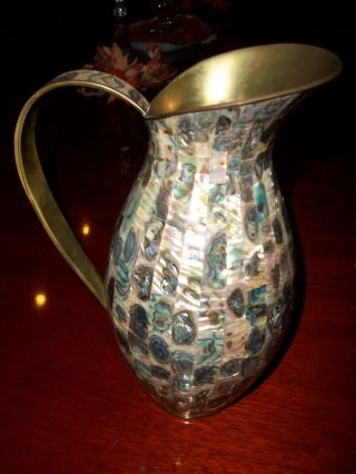 Antique Mother Of Pearl & Copper Pitcher 10 1/4 