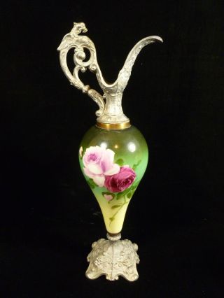 19th Century Metal & Hand Painted Porcelain Rose Ewer With Bird Handle & Masks photo