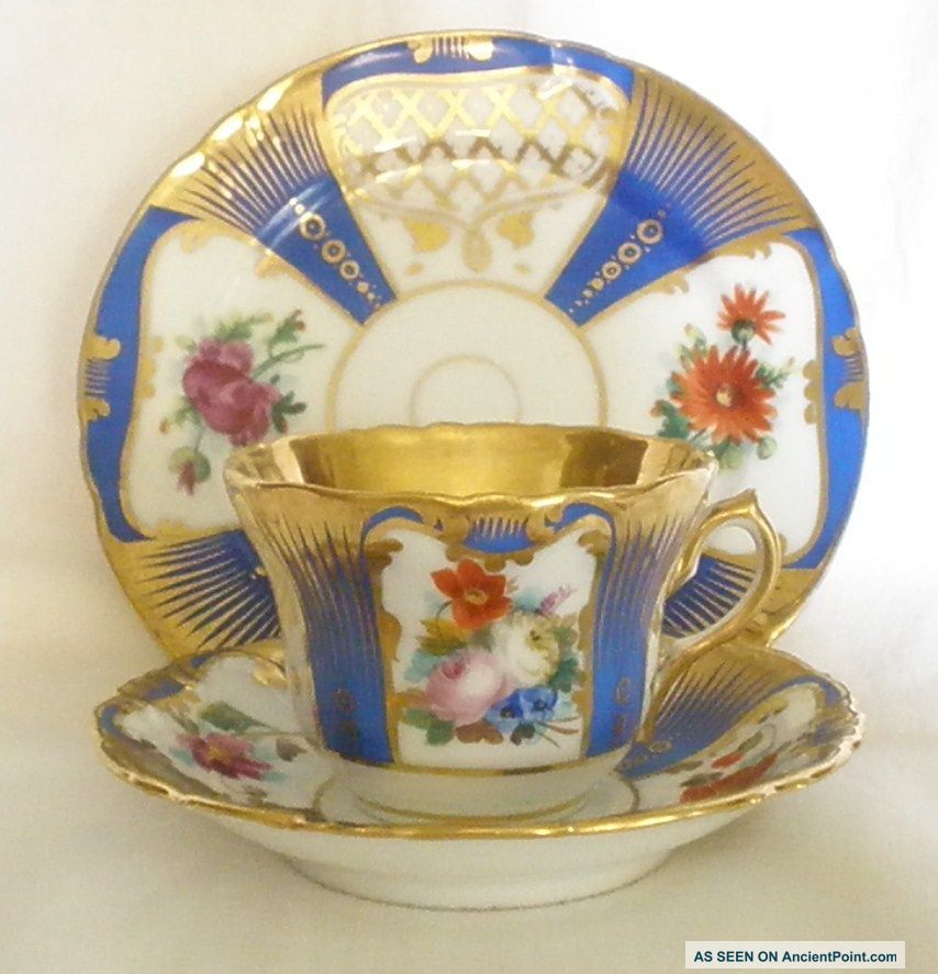 Antique French Old Paris Porcelain Set Of Cup & Saucer Matching Dessert Plate Cups & Saucers photo