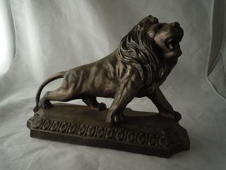 Vintage Cast Metal Roaring Lion Figurine On Base Large Decorative photo