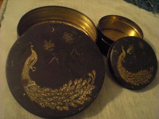 Black Vintage Tins (2) W Gold Peacocks Tindeco 1920s photo