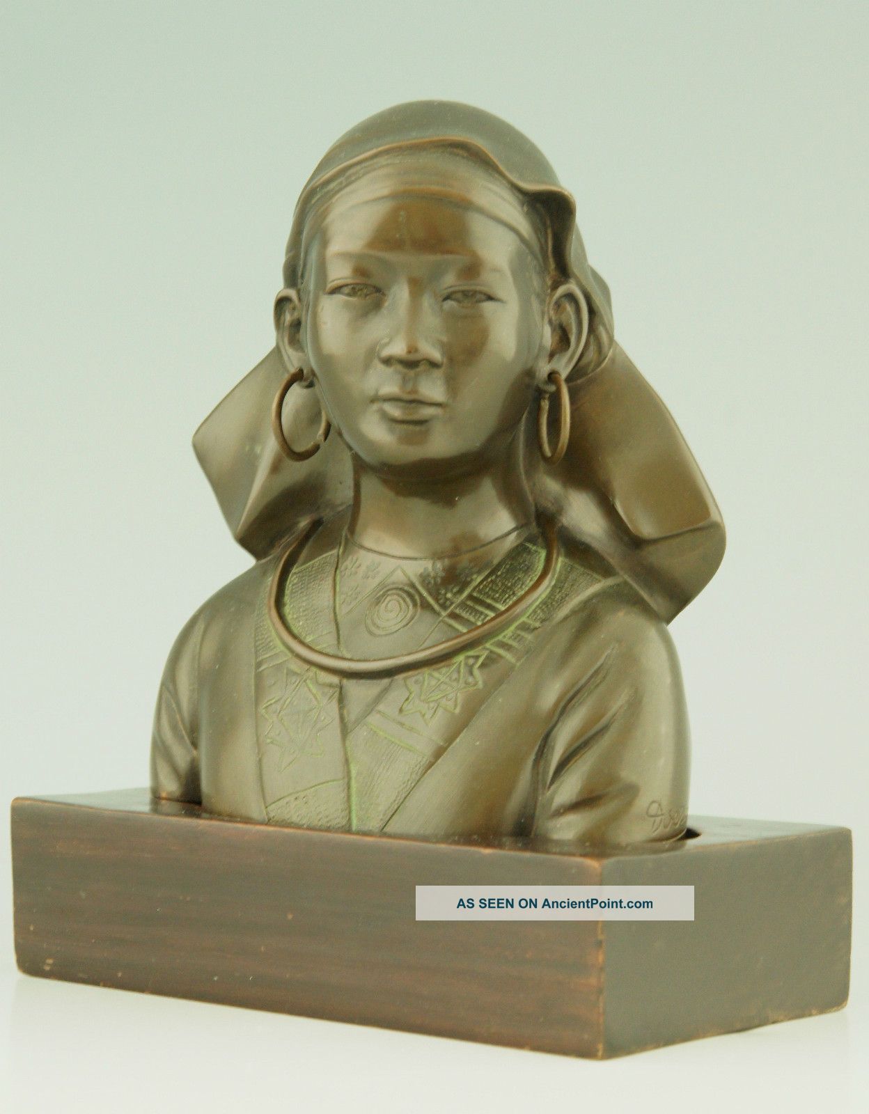 Antique Bronze Bust Of An Asian Girl On A Wooden Base,  Signed. Metalware photo