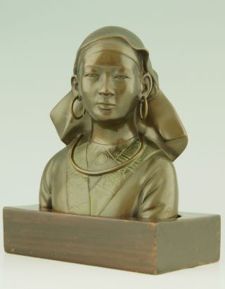 Antique Bronze Bust Of An Asian Girl On A Wooden Base,  Signed. photo