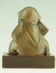 Antique Bronze Bust Of An Asian Girl On A Wooden Base,  Signed. Metalware photo 3